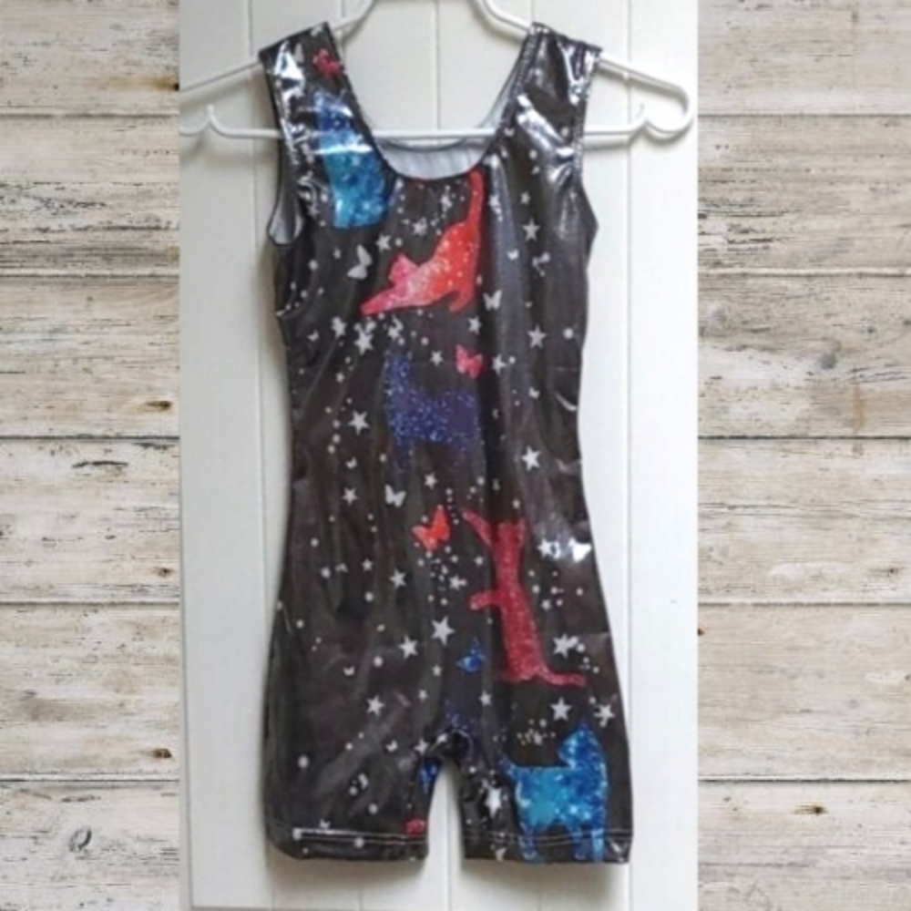 EUC Gymnastics Dance Cheer Leotard black red blue sky cats 150 cm
